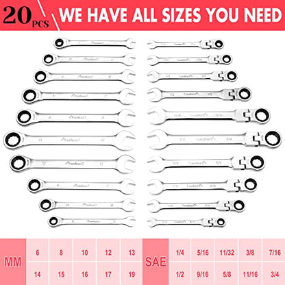 Towallmark 20-Piece Ratcheting Combination Wrench Set, Combo Ratchet Wrenches Set, 72 Teeth, SAE 1/4-3/4"& Metric 6-19mm, Chrome Vanadium Steel with Storage Bag
