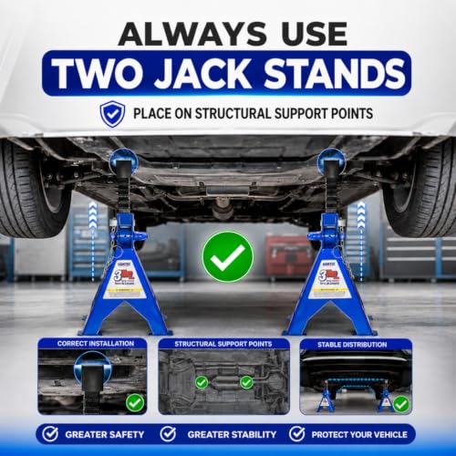 Hantec Jack Stands 3 Ton (6,600 lbs) Pro – Double Safety System, Non-Slip Rubber Pad, Heavy-Duty Steel, 1 Pair for Cars, SUVs and Trucks - Blue