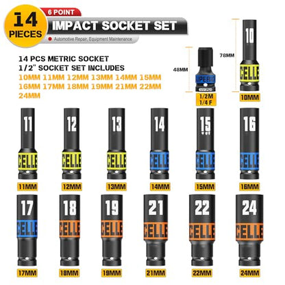 14 Piece 1/2-Inch Drive Impact Socket Set, 10-24mm Deep Sockets, 6 Point Metric Sockets for Automotive Repair, Equipment Maintenance - size: 1/2 Inch Metric Deep