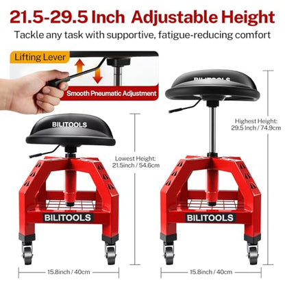 BILITOOLS Rolling Shop Stool with Wheels, Adjustable Mechanic Seat | Garage Chair with 21.5"-29.5" Height, 330 lb Capacity, 360° Swivel Padded Seat, Backrest, Casters and Tool Shelf