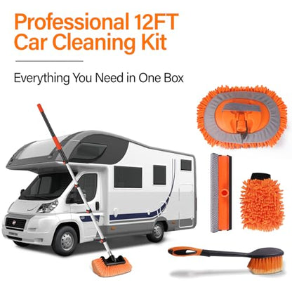 18 FT Reach Car Wash Brush with Long Handle, Car Cleaning Kit with 3-12FT Extension Pole, Soft Bristle Brush, Chenille Microfiber Cleaning Mop&Mitt, Window Squeegee, Wheel Brush for RV, Truck