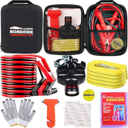 LIANXIN Car Roadside Emergency Kit,with Jumper Cables Car Safety Kits | Emergency Car Kit Tow Straps Headlamp Jumping Cables Safety Hammers Gloves, Breakdowns Gifts for New Drivers - color: Black