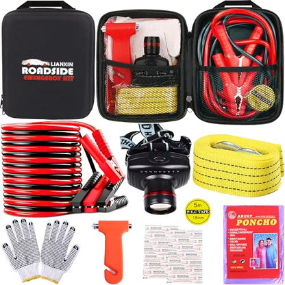 LIANXIN Car Roadside Emergency Kit,with Jumper Cables Car Safety Kits | Emergency Car Kit Tow Straps Headlamp Jumping Cables Safety Hammers Gloves, Breakdowns Gifts for New Drivers - color: Black