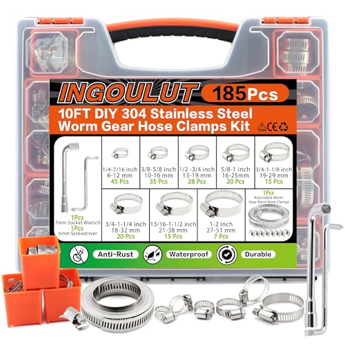185Pcs Stainless Steel Hose Clamps Assortment Kit 1/4"to 2"(6-51mm)+10FT Metal Strap+8Pcs Fasteners Adjustable Worm Gear Hose Clamps for Automotive/Garden/Water Pipe/Sprinkler Line/Fuel Line - size: 185pcs+10ft