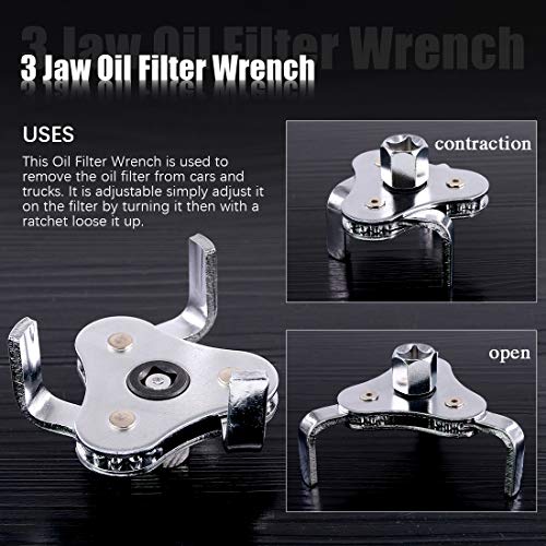 Glarks Universal Oil Filter Wrench Set, A 12-Inch Long Handle Grip Pliers with A 3 Jaw 2-Way Remover Tool, Adjustable Oil Filter Wrench for Car, Motorcycle and Trucks Use