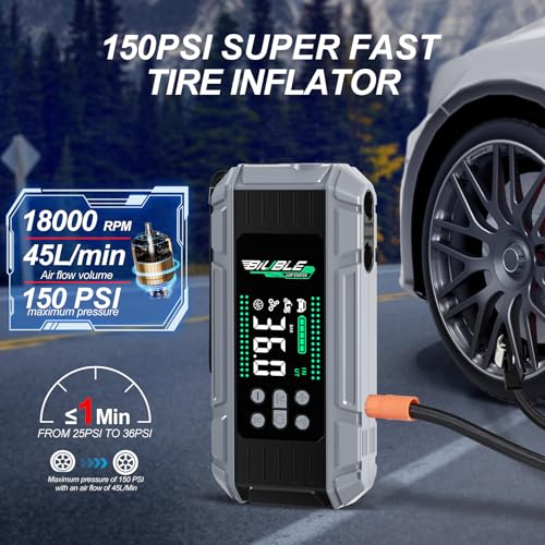 8000A Jump Starter with Air Inflator/Deflator Compressor, 65W Charging Car Battery Jump Starter (All Gas/16L Diesel), 24800mAh 150PSI Battery Jumper Starter Portable, Jump Box Jump Pack with LED Light