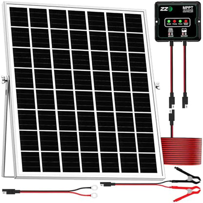Solar Powered Battery Charger Trickle Maintainer, 20W 12V Solar Panel Kits MPPT Charge Controller with 8 Protections Function IP68 Waterproof for RV Trailer Marine Car Motorcycle (1, Black)