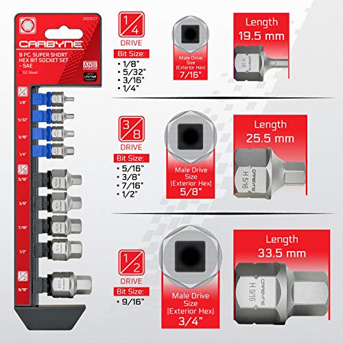 CARBYNE 9-Piece SAE Stubby Low Profile Hex (Allen) Bit Socket Set, 1/8 to 9/16 in., S2 Steel, Super Short Allen Sockets, Dual Drive Internal Square and External Hex for Tight Confined Spaces - size: SAE Hex