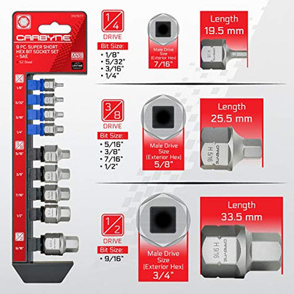 CARBYNE 9-Piece SAE Stubby Low Profile Hex (Allen) Bit Socket Set, 1/8 to 9/16 in., S2 Steel, Super Short Allen Sockets, Dual Drive Internal Square and External Hex for Tight Confined Spaces - size: SAE Hex
