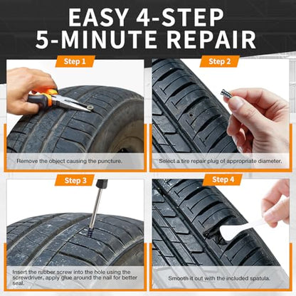 VISRIE 120 PCS Tire Screw Plugs Repair Kit, Tire Repair Screws with Tire Glue & Tool, Fast Self-Service Screw in Tire Plugs Kit for Tires, Car, Truck, Motorcycle, Tractor