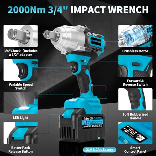 2000 Nm Cordless Impact Wrench, 2 x 6.0 Ah Battery Impact Gun, 3/4 High Torque Brushless wiht 1/2 Adapter Connector of Applications, Suitable for Trucks,Rvs,Cars and Heavy-Duty Construction