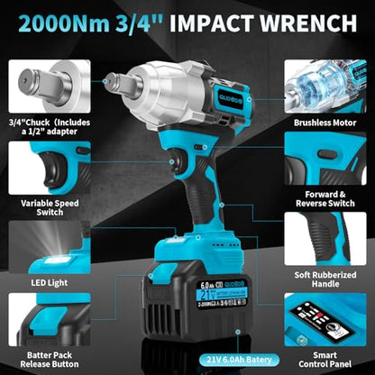 2000 Nm Cordless Impact Wrench, 2 x 6.0 Ah Battery Impact Gun, 3/4 High Torque Brushless wiht 1/2 Adapter Connector of Applications, Suitable for Trucks,Rvs,Cars and Heavy-Duty Construction