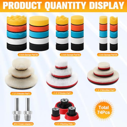 Maxdot 74 Pcs Car Foam Drill Polishing Pad Kit 60 Pcs 1inch 2inch 3inch Buffing Pads Backing Adapters Mix Size Car Detailing Polishing Supplies