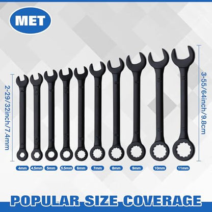 10PCS Mini Wrench Set Standard Metric 4mm-11mm | Black Electrophoretic Coating, Portable Pouch and Key Rings, Ignition Wrenches Open End and Box End Combination Wrench Set - size: Metric