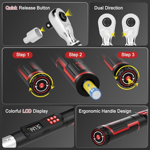 VANPO Digital Torque Wrench 1/2-Inch 7.38–147.5 ft-lb for Automotive | 10–200 Nm, ±2% Accuracy, Electronic Torque Wrench with LCD Display, Audible & Vibration Alert, Easy Battery Access - size: 1/2-inch 7.38-147.5 Ft-lb/10-200 Nm