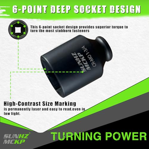 SUNHZMCKP 1/2 Inch Drive Impact Socket, SAE 1-3/4 In Deep Socket, CR-MO, 6 Point Axle Nut Socket for Easy Removal of Axle Shaft Nuts (1-3/4) - color: Sae, size: 1-3/4 inch