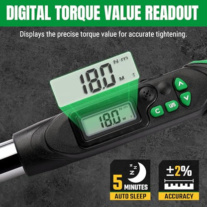 SK 3/8" Drive Digital Torque Wrench, 6.8 to 135 N-M, LED Display | Torquimetro, Four Units of Measure & Flash Notification - size: 3/8" Drive