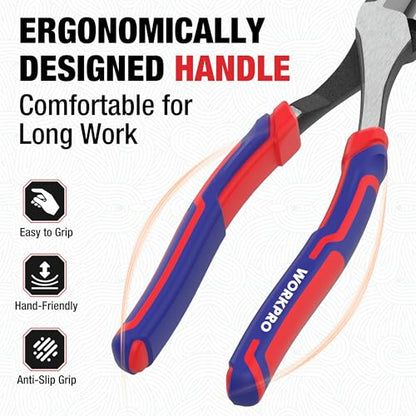 WORKPRO 8 Inch High Leverage Diagonal Pliers, CRV Steel & Anti-Slip Handle | Heavy Duty Wire Cutters / Diagonal Cutters for Cutting Copper, Brass, Iron, Aluminum & Steel Wires
