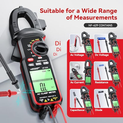 NOYAFA NF-629 Digital Clamp Meter Multimeter 6000 Counts TRMS | Capacitance Multimeter for 600V AC/DC Voltage, High AC Current, Capacitance, Diode Test, Continuity Test, Temperature