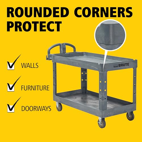 Rubbermaid Commercial Products BRUTE Heavy Duty 2-Shelf Utility/Service Cart, Large, Lipped Shelves, Ergonomic Handle, 750 lbs. Capacity, Black, for Warehouse/Garage/Cleaning/Maintenance/Stadiums - color: Gray, size: Large, style: 2-Shelf