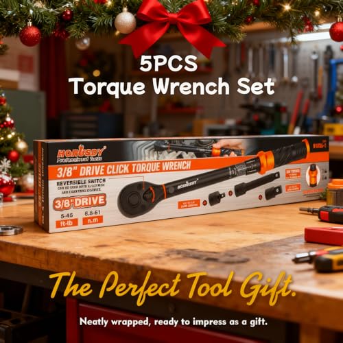 HORUSDY 3/8" 5PCS Torque Wrench Set(5–45 ft-lb/ 6.8–61 Nm) – Torque Wrench 3/8 Drive with 3" Extension, 3/8" to 1/4" & 3/8" to 1/2" Adapters, Case for Bike, Car, Moto & Other Repair - size: 5–45 ft-lb, style: 3/8" drive with 3" Extension, 3/8" to 1/4" & 3