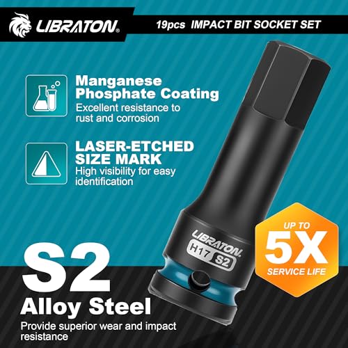 LIBRATON Impact HEX & TORX Bit Socket Set, 1/2" Dr, S2 Steel, 19PCS High Torque Sockets (H5-H19 + T30-T80) for Professional Mechanics & Automotive Repair (XPE Storage Cases) - style: 19PCS Torx+Hex