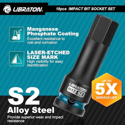 LIBRATON Impact HEX & TORX Bit Socket Set, 1/2" Dr, S2 Steel, 19PCS High Torque Sockets (H5-H19 + T30-T80) for Professional Mechanics & Automotive Repair (XPE Storage Cases) - style: 19PCS Torx+Hex