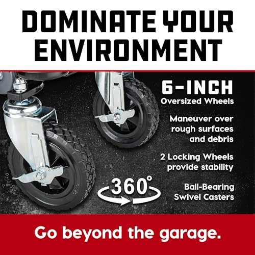 Powerbuilt Big Wheel Rolling Seat, Off-Road Series, Locked in Tool Trays, Heavy-Duty Wheels for Gravel and Rocks - Grey 642965ECE