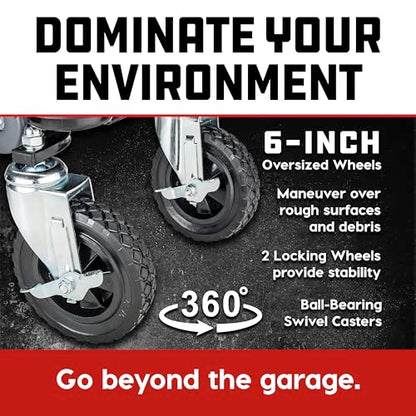 Powerbuilt Big Wheel Rolling Seat, Off-Road Series, Locked in Tool Trays, Heavy-Duty Wheels for Gravel and Rocks - Grey 642965ECE