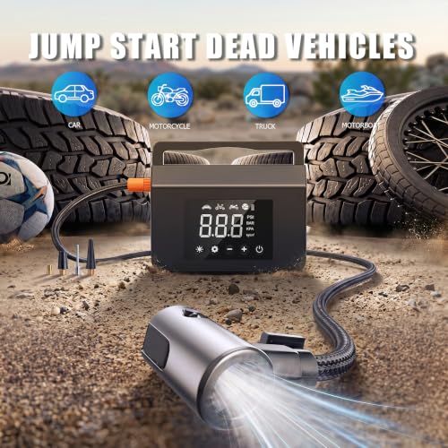 Car Battery Jump Starter with Air Compressor, 4000A 150PSI Tire Inflator, 15000mAh PowerBank with LED Light, 12V Portable Car Battery Jump Power - All Gas/8.0L Diesel
