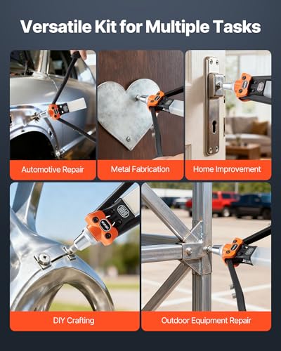 VEVOR Pop Rivet Gun Kit, with 230 Blind Rivets, Two-Handed Riveter with 5 Interchangeable Nosepieces, 5 Drill Bits, and a Carrying Case, Manual Riveting Tool for Metal, Automotive, Home, and DIY - size: 16", style: RIVET GUN