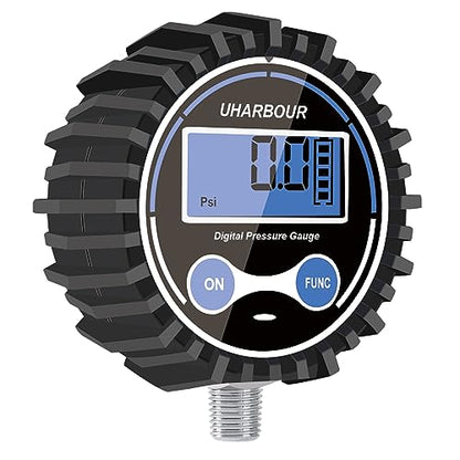 UHARBOUR Digital Air Pressure Gauge 5-200 PSI Digital Pressure Gauge 1/8" NPT, 2-1/2" Dial Size Auto Shut Off Air Pressure Gauge with Protective Case - size: 200PSI