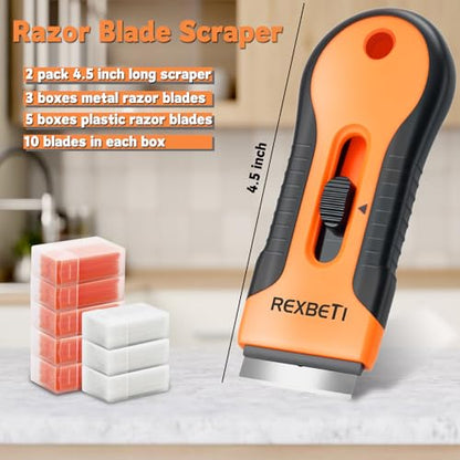 REXBETI Razor Blade Scraper Tool, 2 Pack Razor Scraper Set with Extra 80Pcs Razor Blades -30Pcs Metal and 50Pcs Plastic Blades, Cleaning Scraper Tool, Cooktop, Paint, Glass Scraper - style: Original 2 Pack