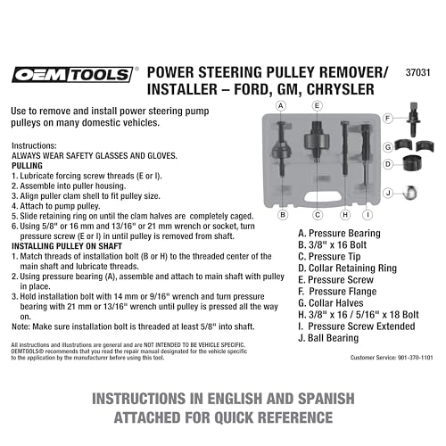 OEMTOOLS Power Steering Pulley Puller and Installer Kit, Removes and Installs Power Steering Pump Pulleys on Most Domestic Vehicles, Ford, GM, VW, 37031 Green Case