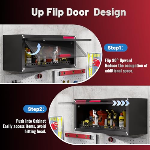 Kelueo 31.5" Metal Wall Cabinet,Heavy Duty Garage Wall Cabinet with Up-Flip Door,120 lbs Capacity Wall Mounted Tool Organizer for Basement,Kitchen,Warehouse Assembly Required - size: 31.5"W- Up Flip Door