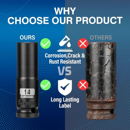 1/2 Inch Drive x 14mm Deep 6PT CR-MO Impact Socket for Removing Axle nut | Metric Socket,6-Point Radius Corner Design,Two Size Markings,Square Chamfered Opening,For Removal of Axle Nut - size: 14 mm, style: 1/2" Drive Deep Socket