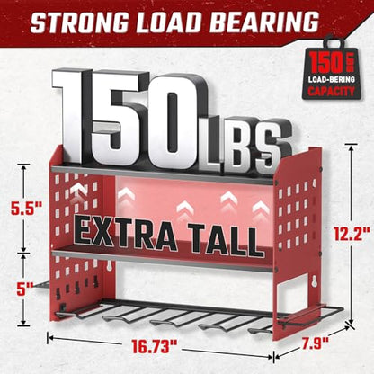 SUNALLY Power Tool Organizer, Heavy Duty Wall Mount Tool Organizer 3 Layers with 4 Drill Holders, Garage Tools Storage Rack with 2 Side Pegboards and Hooks for Workshop, Shed, Red - style: 4 Drill Holders D