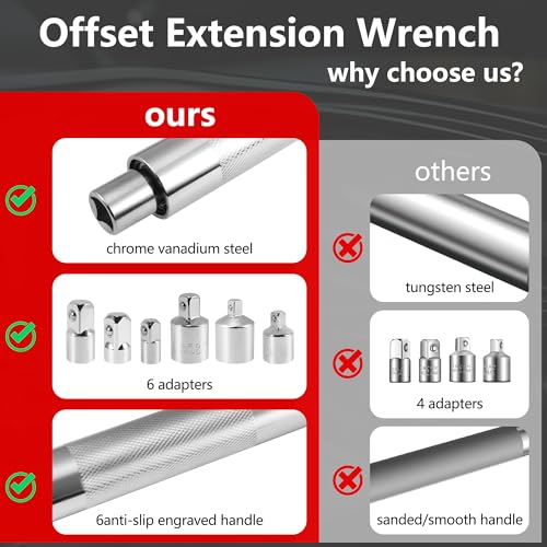 1/2" Offset Extension Wrench, Impact Ratchet Extender for Electric Drill with 6 Adapters & Sockets(3/8" 1/4" 1/2" )& 1/2'' Impact Adapter, High Torsion Wrench Set Slim Design for Tight Narrow Spaces - color: Sliver