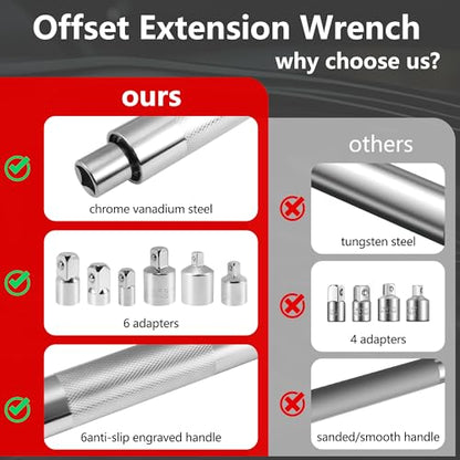 1/2" Offset Extension Wrench, Impact Ratchet Extender for Electric Drill with 6 Adapters & Sockets(3/8" 1/4" 1/2" )& 1/2'' Impact Adapter, High Torsion Wrench Set Slim Design for Tight Narrow Spaces - color: Sliver