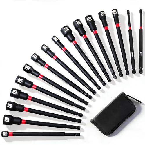 16-Piece Magnetic Nut Driver Set for Impact Drill, Long 6-Inch SAE & Metric 1/4" Hex Shank with S2 Steel Phillips Bits