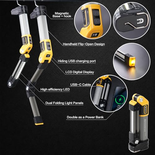 FORTO Rechargeable Magnetic Work Light,LED Flashlight for Mechanics,Aerospace Aluminum Alloy,1500 Lumens,Dual Folding Panels,6 Modes,for Garage,Auto Mechanic,Emergency,Workshop – Great Gift