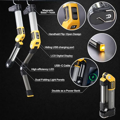 FORTO Rechargeable Magnetic Work Light,LED Flashlight for Mechanics,Aerospace Aluminum Alloy,1500 Lumens,Dual Folding Panels,6 Modes,for Garage,Auto Mechanic,Emergency,Workshop – Great Gift
