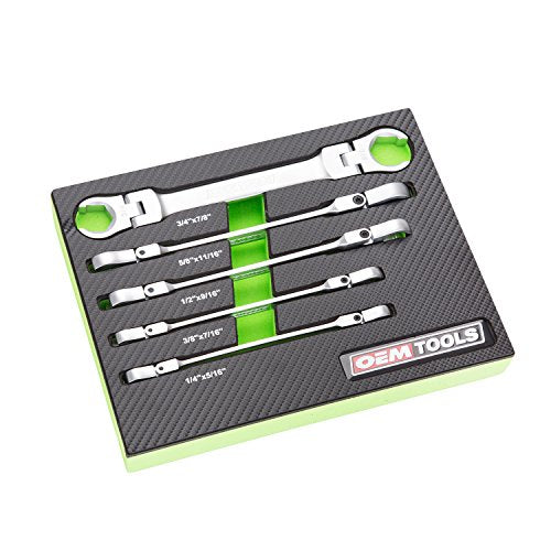 OEMTOOLS 22063 5PC Flex Head Flare Nut Wrench Set (SAE), Rust-Resistant SAE Wrench Set, Brake Line Wrench Set, 1/4"-7/8" Size Wrenches, Flare Wrench Set EVA Storage Tray - style: Standard