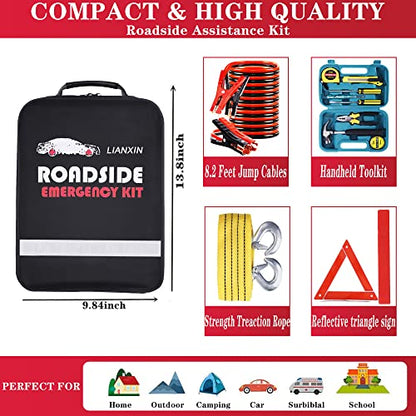 LIANXIN Roadside Emergency Car Kit, Safety Car Kit,with Jumper Cables Emergency kit | Emergency Roadside Kit for Car Warning Triangle,Folding Shovel, Safety Hammer, Tow Rope, Breakdowns fo Emergency Kit Car - color: Black