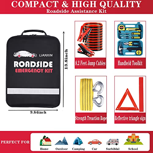 Roadside Emergency Car Kit, Safety Car Kit,with Jumper Cables emergency kit | Emergency Roadside Kit for Car Warning Triangle,Folding Shovel, Safety Hammer, Tow Rope, Breakdowns for Emergency Kit Car - color: Black