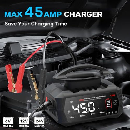 45 Amp Battery Charger, 6V/12V/24V Lithium LiFePO4 Lead Acid Smart Car Battery Charger, Automotive Maintainer Trickle Charger for Car, SUV, Motorcycle, Boat, Lawn Mower