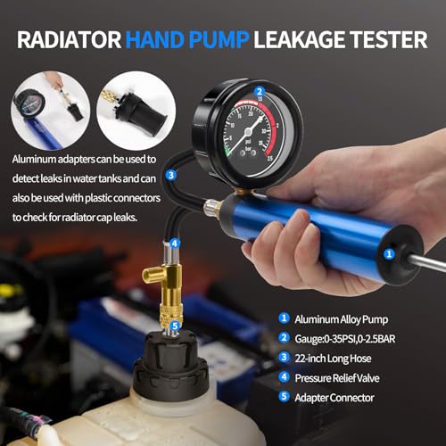 VTG VOGTEN 31PCS Coolant Pressure Tester Kit,Radiator Pressure Tester and Vacuum Refill Kit for Automotive Cooling System Water Tank Leakage Detection - color: Blue