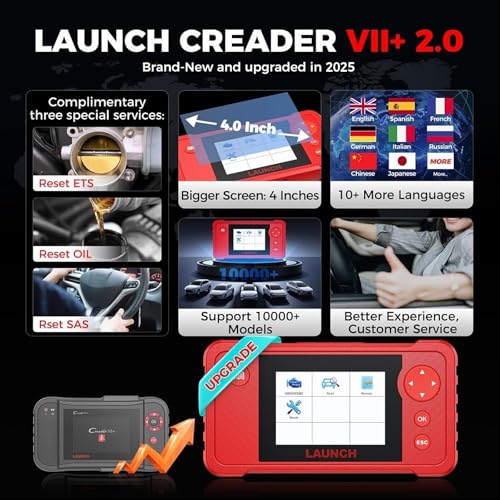 LAUNCH Creader VII+ V2.0 OBD2 Scanner, 2026 New Engine/Transmission/ABS/SRS Diagnostic Scan Tool With Oil Reset/Throttle Adaption/SAS Relearn, Check Engine Code Reader, Full OBD2, Lifetime Free Update