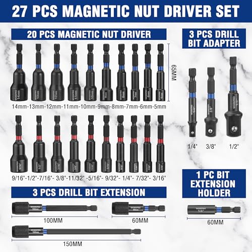 WORKPRO 27 PCS Magnetic Nut Driver Set, Impact Drill Driver Bit 1/4" Hex Shank, SAE & Metric Cr-V Steel Power Nut Drivers with Quick-release Extensions, Impact Socket Adapters, Bit Holder and Toolbox - size: 27PCS Magnetic Nut Driver Set