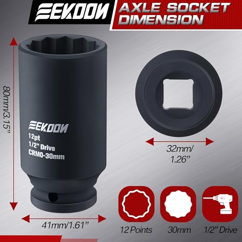 Feekoon Axle Nut Impact Socket, 30mm, 12 Point, 1/2 Inch Drive, CR MO, Spindle Nut Socket for Removing Axle Shaft Nuts, Universal Fit Nuts Remover, Deep Well Hub Release Tool for Impact Wrench